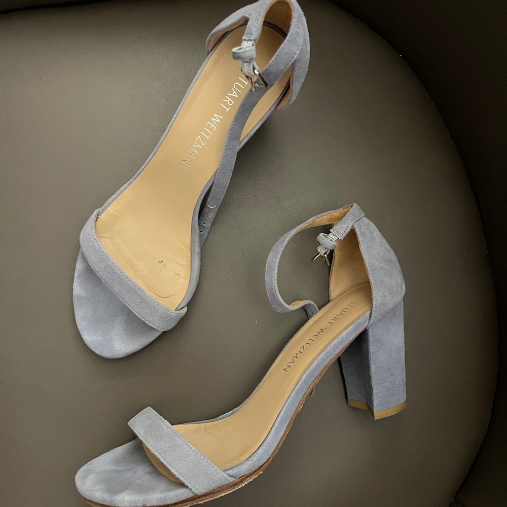 Stuart Weitzman Sandals light blue suede sandals rare color, thick heels 5.5cm